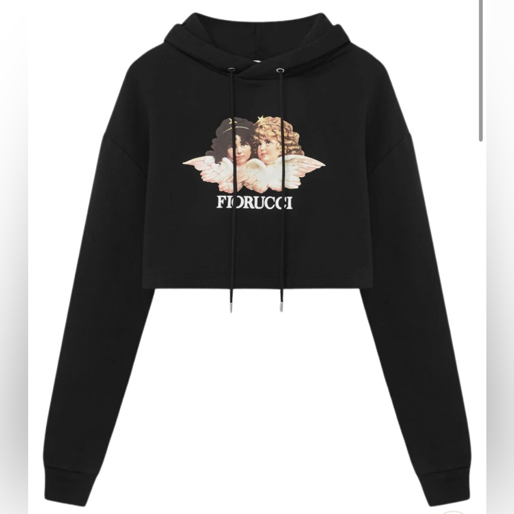 Fiorucci cropped black hoodie with vintage angel graphic. Size medium!